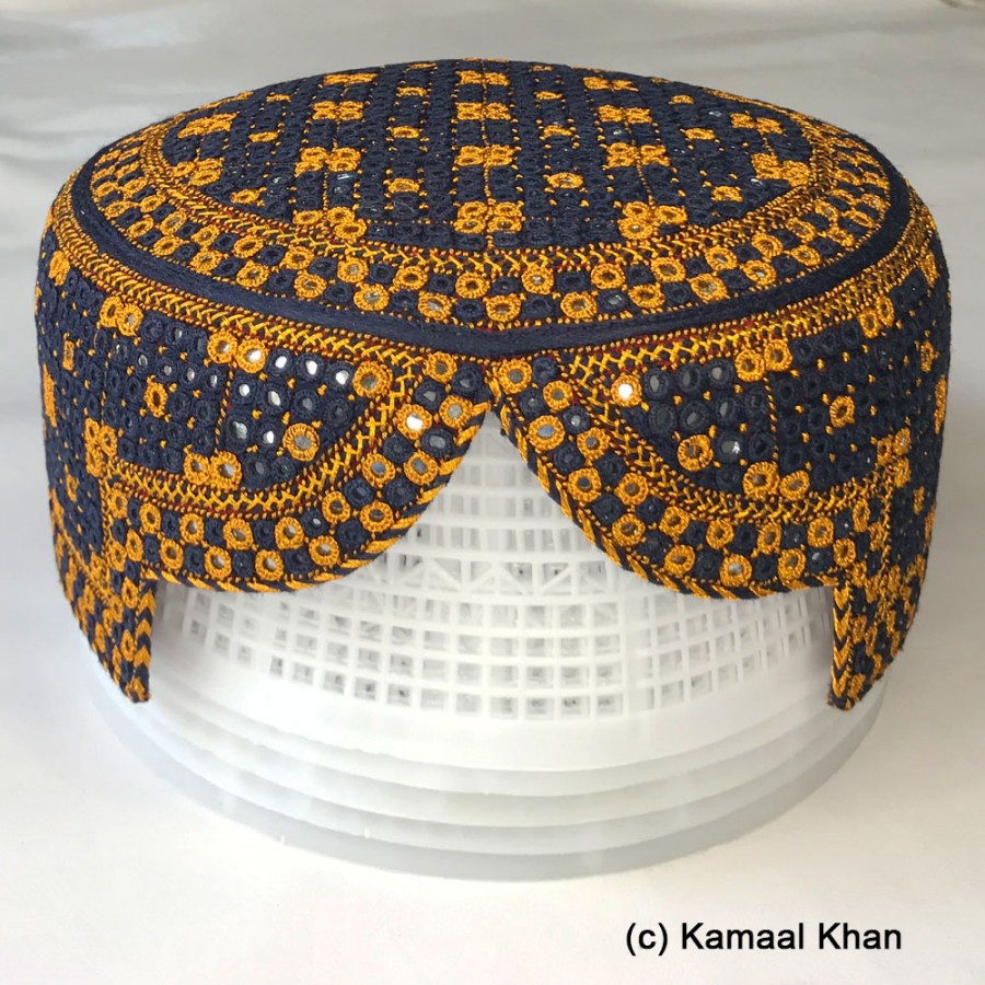 Navy Blue & Golden Yaqoobi Jamali / Zardari Cap or Topi MKC-915